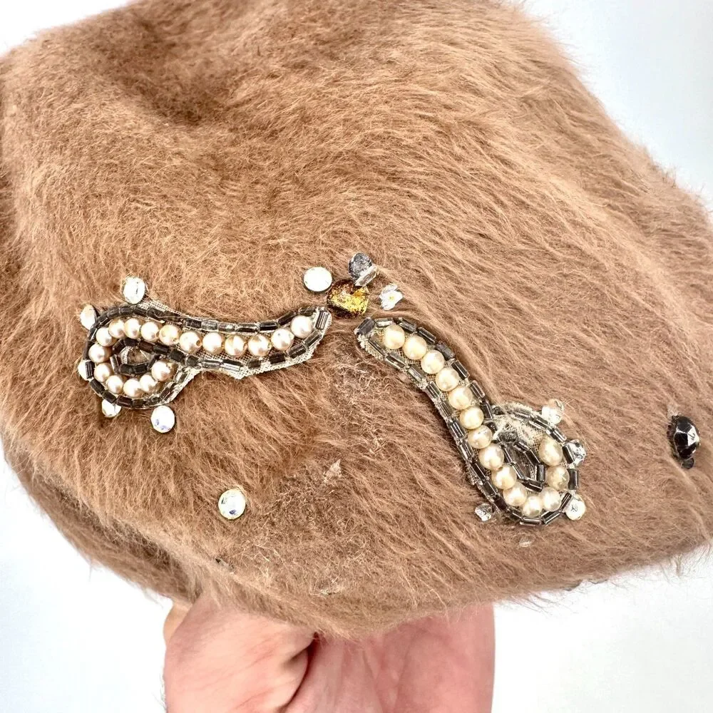 VEEDA LOUISA Tan Beige Vintage Bejeweled Beret Hat